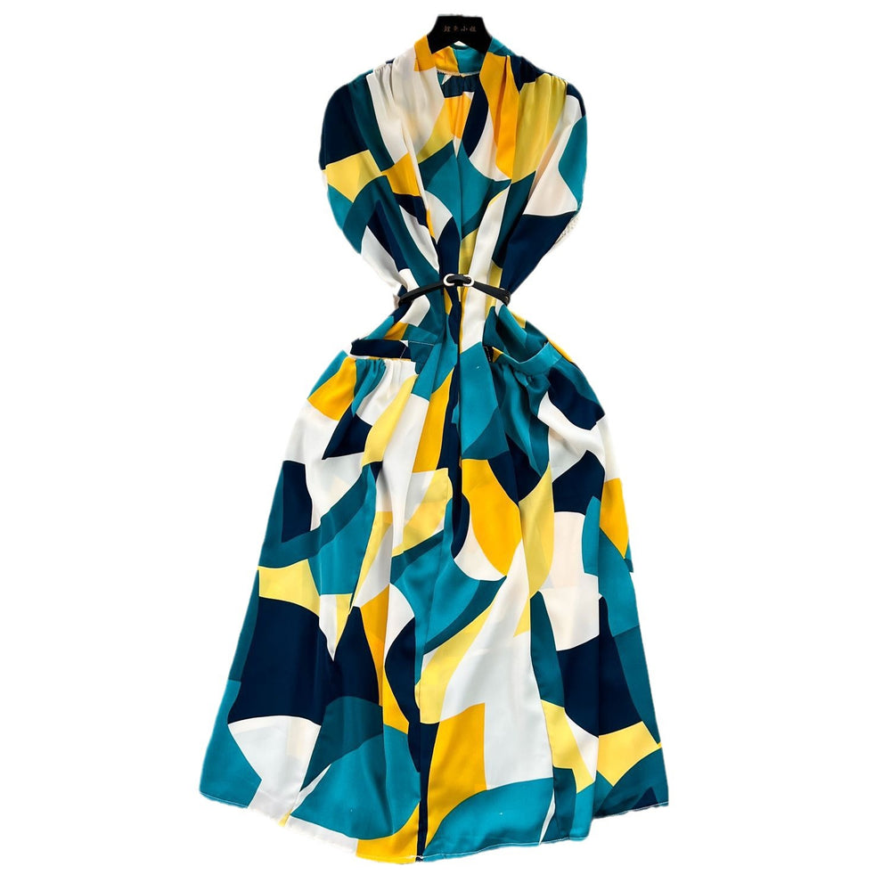Luxury retro v-neck printed dress - women's summer french style tie-waist loose fit slimming midi shirt dress