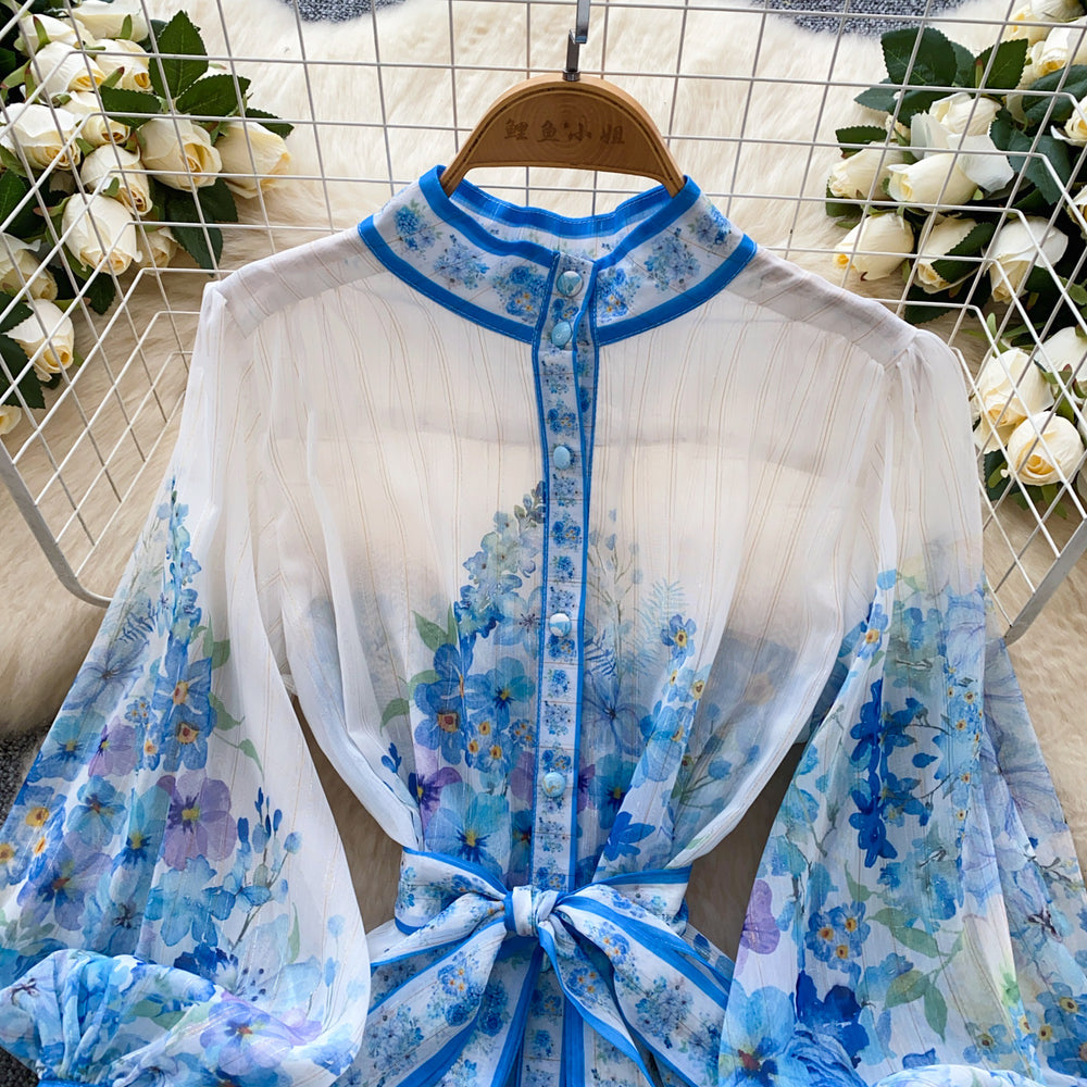 French spring new arrivaldress women's strap waist stand collar lantern sleeve single breasted waist ruffles printing skirt