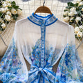 French spring new arrivaldress women's strap waist stand collar lantern sleeve single breasted waist ruffles printing skirt