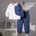 children's autumn and winter denim suit black round neck denim patchwork sweatshirt + denim pants suittwo-piece set