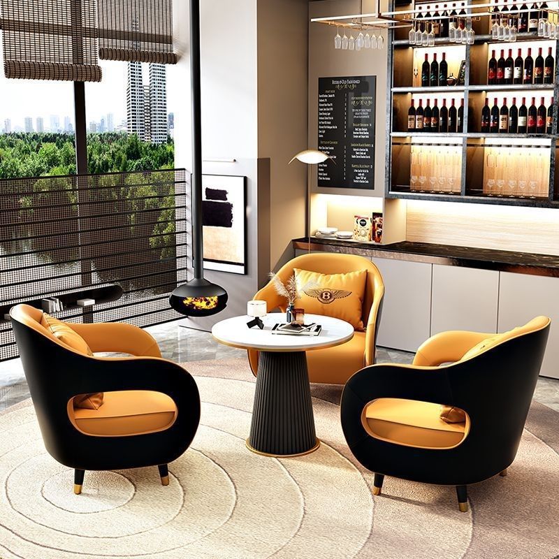 Minimalist commercial reception area casual sofa small round table set hotel reception negotiation table and chairs business leather sofa