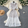French romantic pink lace dress - women's summer high-waisted a-line maxi dress - commute-friendly, elegant, and chic