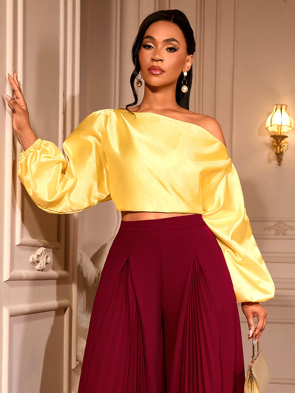 Amazon new satin one-shoulder top - loose fit, bubble sleeve, designer-style, elegant short blouse for banquets & events