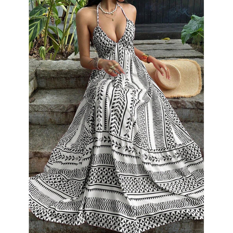 Amazon  summer new arrival: printed beach vacation style v-neck halter backless tie-up dress for women