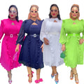 Fashion cross-border  plus size women's clothing african pure color new arrivalautumhigh waistslimming look fungus edge dress