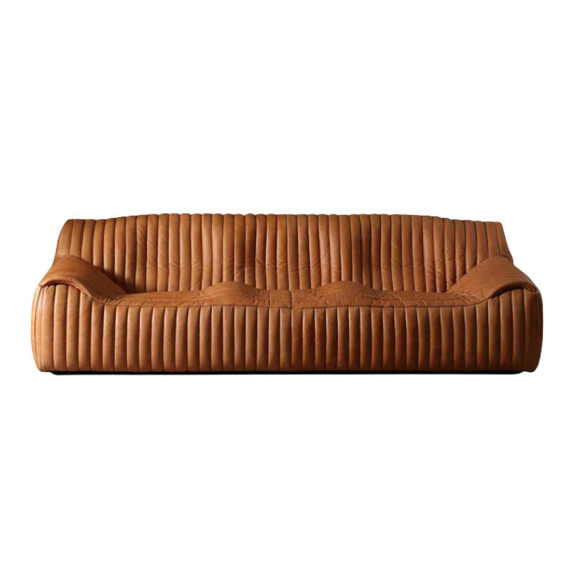 Minimalist mid-century modern genuine leather sofa for living room, homestay, designer american retro oil wax leather caramel color wavy sofa
