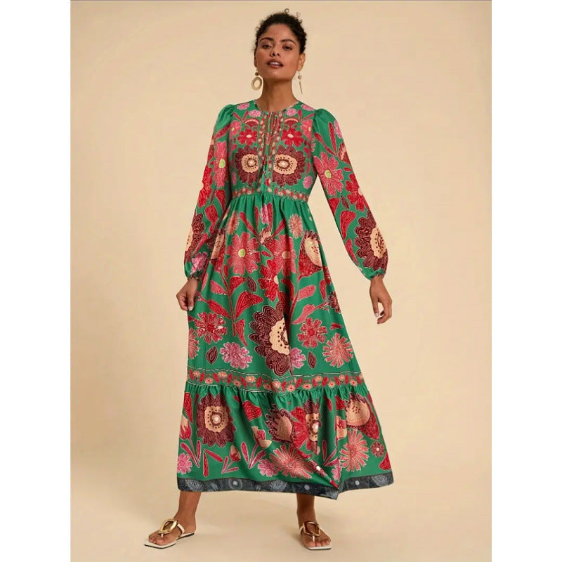 Shipped: cross-border e-commerce, , standalone store, printed maxi dress with long sleeves and tie-waist, casual style