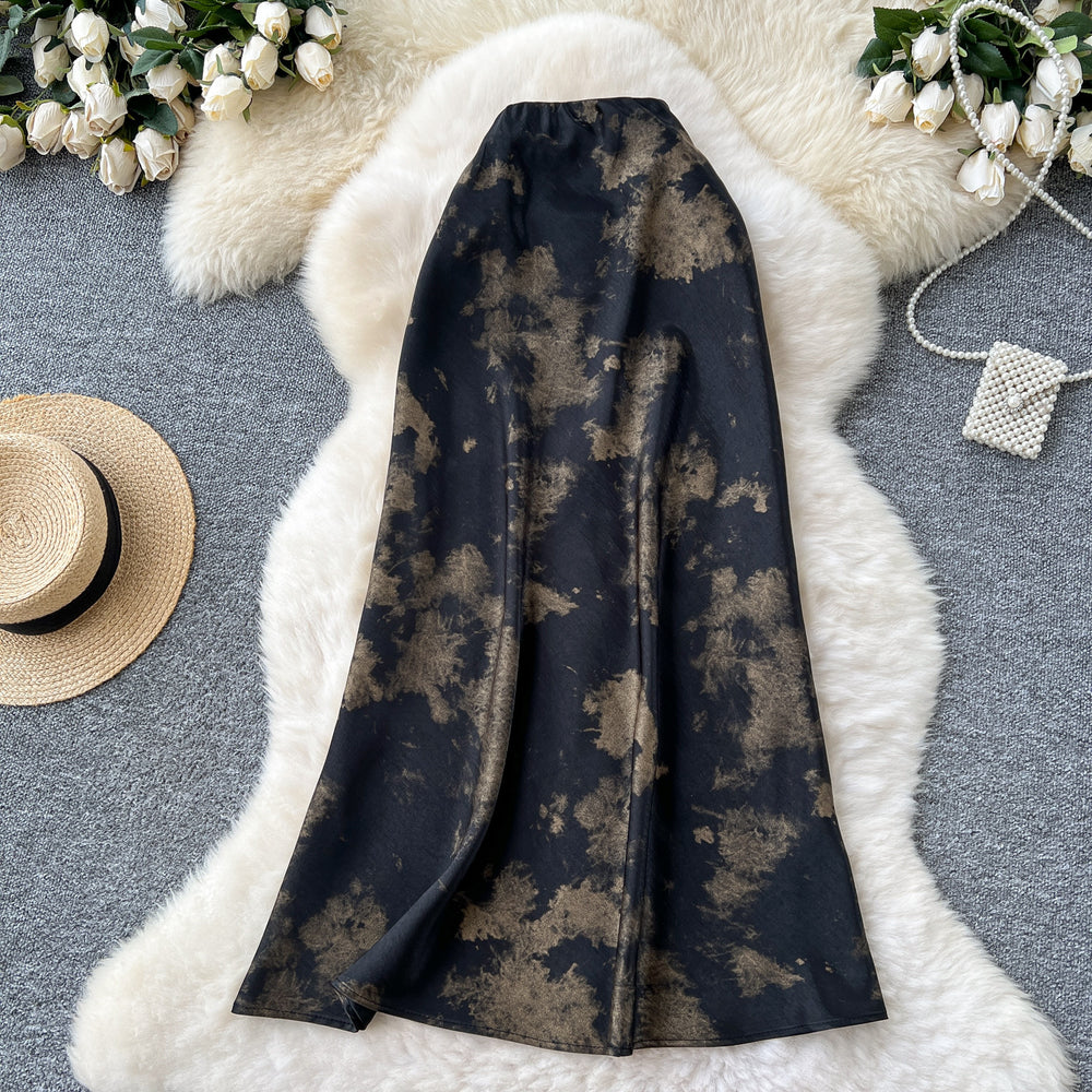 French chic satin midi skirt -  summer collection: luxe, vintage-inspired ink wash print, high-waisted, slimming mermaid skirt