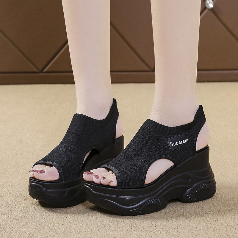 Popular summer new knitted fish mouth shoes fairy style muffin bottom high heel flying woven wedge heel thick sole sports women's sandals