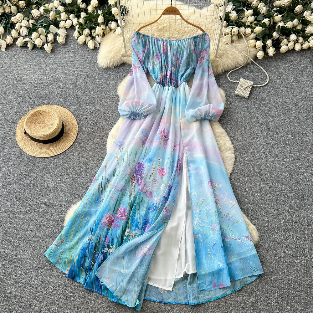 French romantic one-shoulder printed dress - women's spring/autumn lantern sleeve a-line maxi dress - vacation style