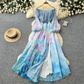 French romantic one-shoulder printed dress - women's spring/autumn lantern sleeve a-line maxi dress - vacation style