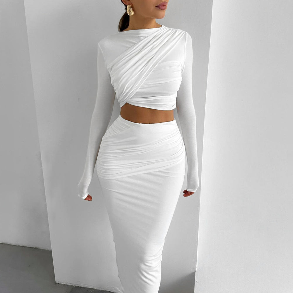 European and american style women's clothing  autumn/winter new arrival: round neck long sleeve cropped top and slim-fit midi skirt two-piece set