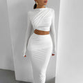 European and american style women's clothing  autumn/winter new arrival: round neck long sleeve cropped top and slim-fit midi skirt two-piece set
