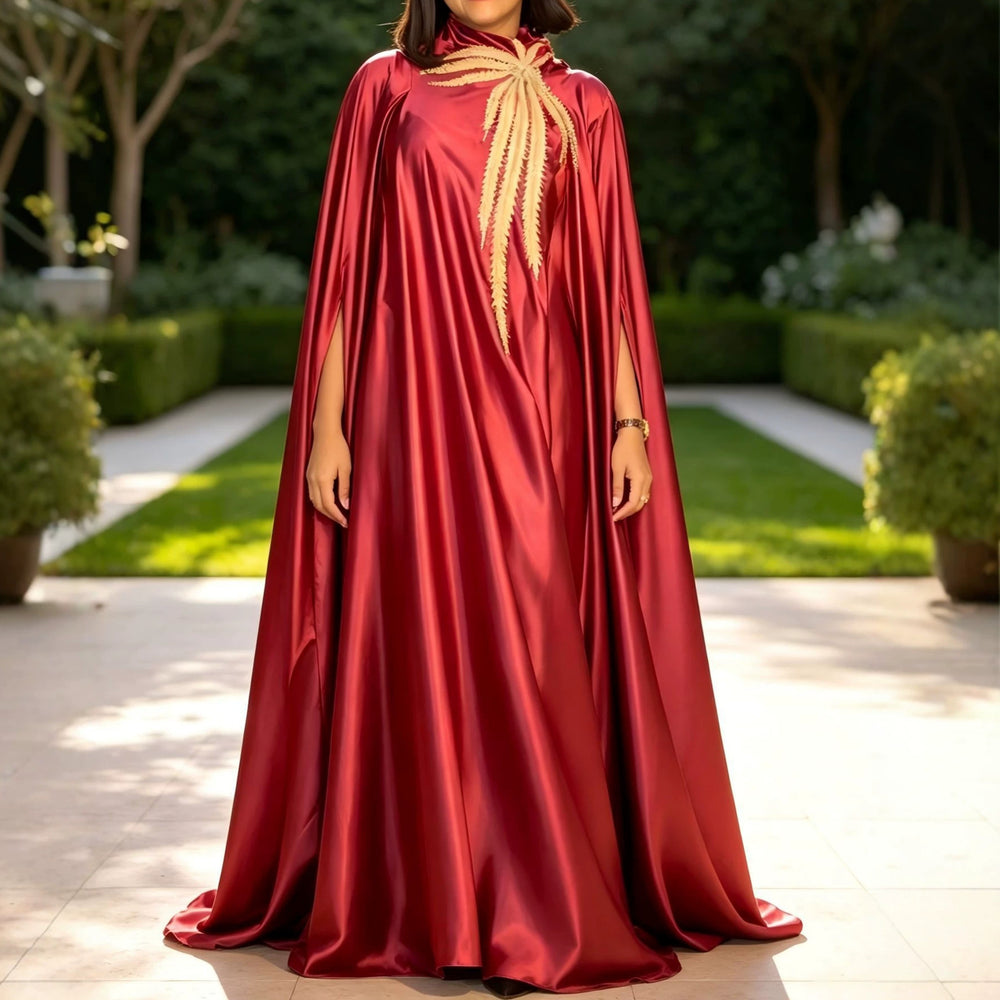 African new solid color cape sleeve banquet dress satin embroidered applique wedding robe gown bubudress
