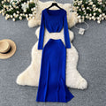 Autumn outfit set: women's chic & sexy short square neck long sleeve knit top with slit slim-fit bodycon midi skirt