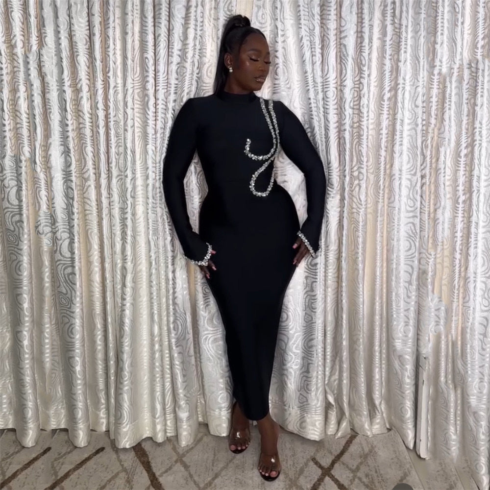 Cross-border European and American style new solid color autumn and winter semi-turtleneck hot diamond long-sleeved temperament slim-fitting hip-wrapped dress women's clothing