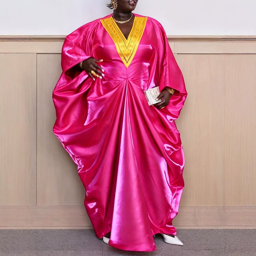 African plus size new loose v-neck batwing long sleeve dress, ruched waist, flared hem color block maxi dress