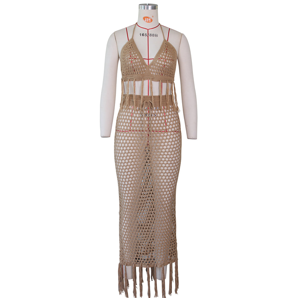 e-commerce source factory: european and american sexy women's knitted set, cutout swimsuit beach cover-up two-piece set