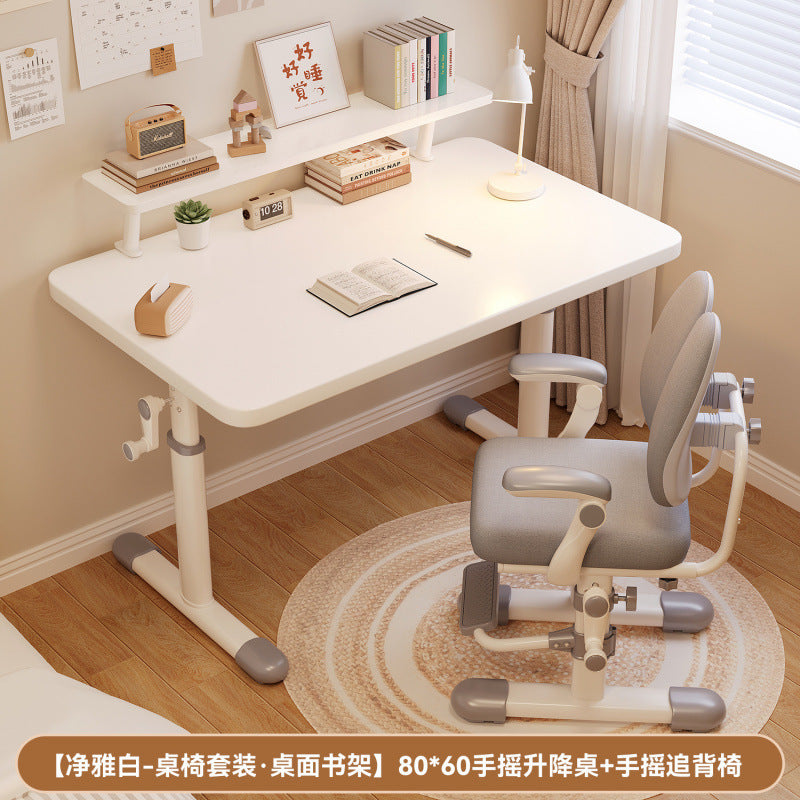 Hand-crank adjustable desk, thickened study table, bedroom study room complete computer desk set, adjustable wooden children's desk and chair set