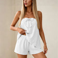 spring/summer cross-border fashion  women's bandeau solid color bow elegant ice silk crinkle vacation style set