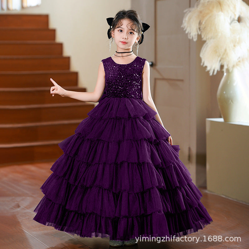 European and american custom girls' formal dress - deep v-back, puffy princess style, children's cake dress, ages 3-6
