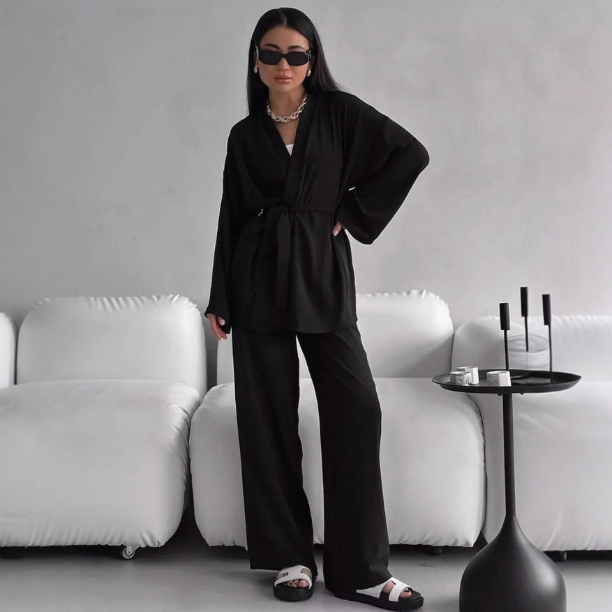 Cross-border new simple design set women's waist lace-up cardigan trousers  autumn leisure home two-piece set