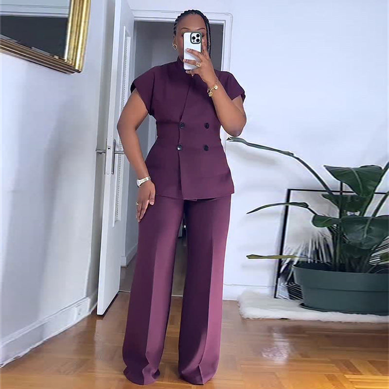 European and american women's clothing  autumn new collection: sweet and fresh stand collar double-breasted blazer and high-waisted straight-leg pants two-piece set