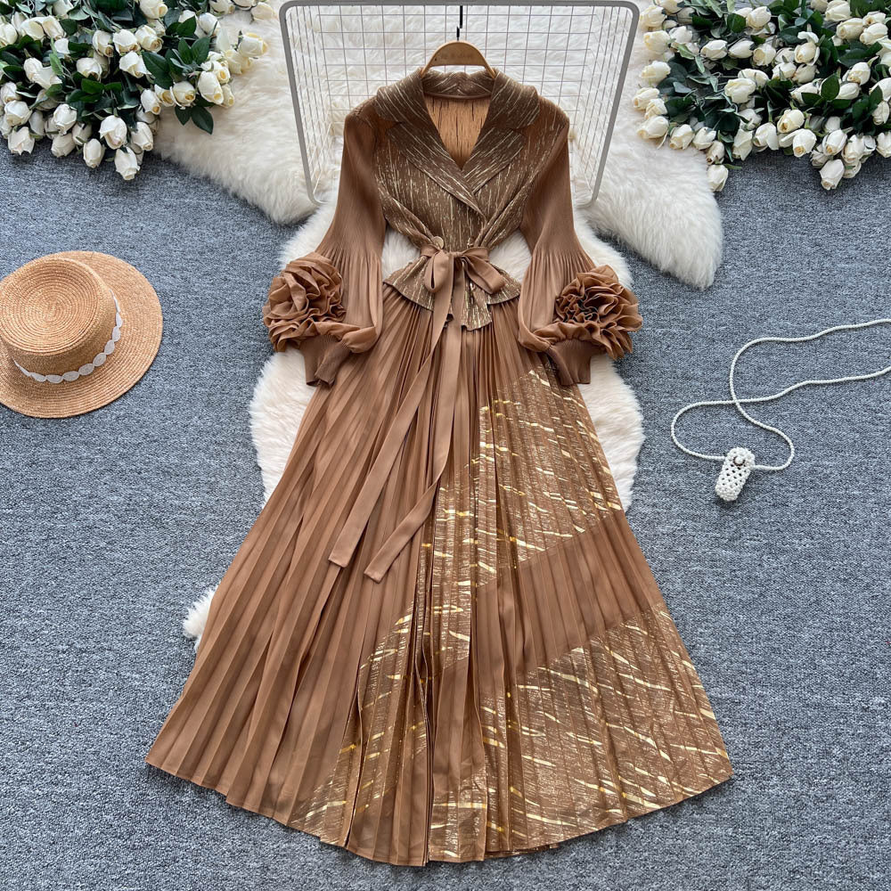 Miya european and american dress women's 2025 autumn tie-waist collared 3d floral lantern sleeve pleated maxi dress