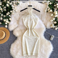 Halter knittingsummer silmslimming lookdress female springk-stylehigh waist a-line skirtwork clothingwhite skirt