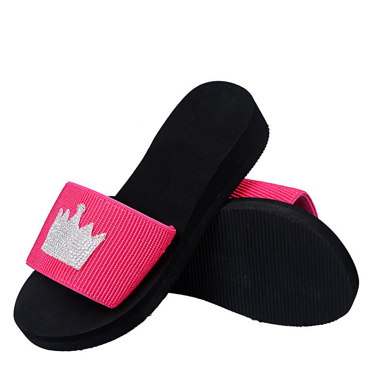Women's slippers 2024 summer new trendy candy color rhinestone flat crown outdoor thick sole one-strap sandals