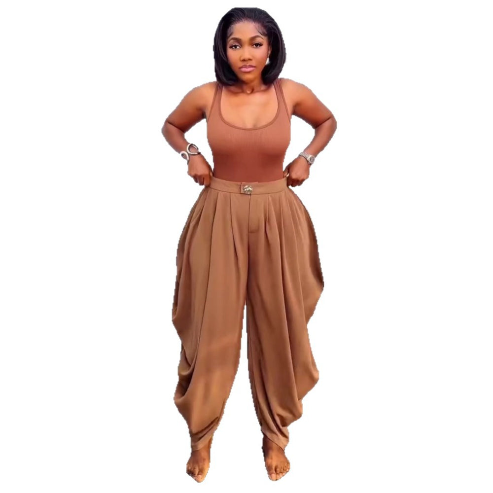 European and american cross-border women's fashion:  summer new arrivals - high-waisted, slimming, designer casual solid color loose wide-leg pants for women