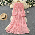 French style pleated bodycon dress - women's spring long sleeve a-line dress - cinched waist, elegant and gentle long dress