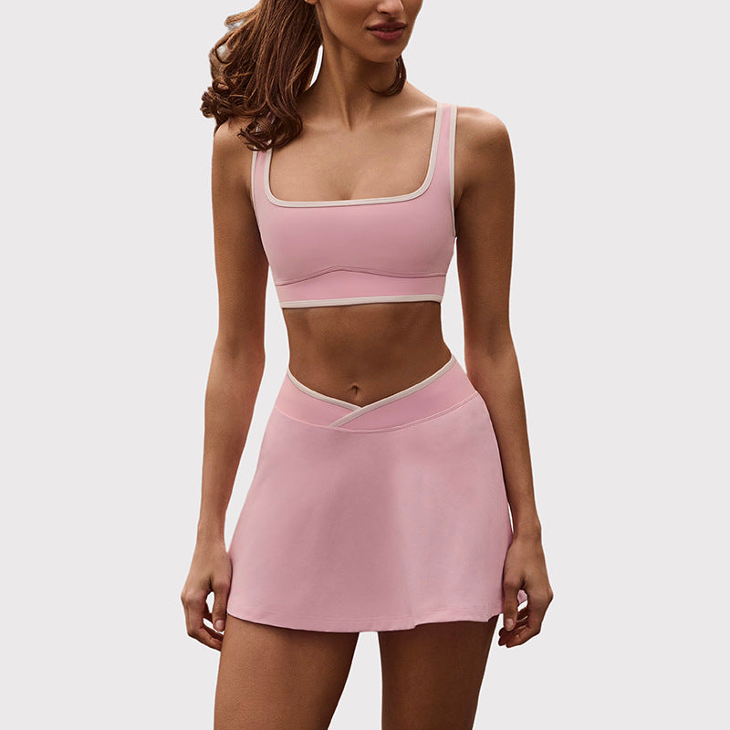 Shockproof with chest pad high elastic brushed fitness tops tennis skirt halter sports intimates short skirt yoga suit for women