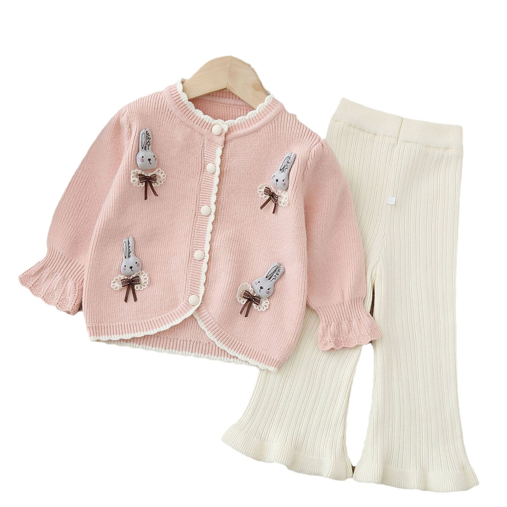 Girls' knitted sweater two-piece set -  autumn/winter new cartoon bunny sweet knitwear outfit for little girls