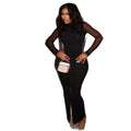 European and american style cross-border fashion slim-fit women's slit solid color bodycon dress high neck mesh see-through long sleeve trendy dress