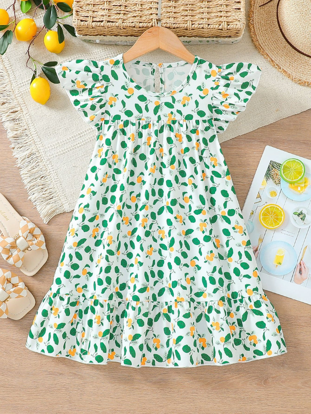 girls' dress - flutter sleeve sundress with lemon print - summer vacation style - chic a-line maxi dress for kids