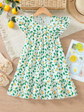girls' dress - flutter sleeve sundress with lemon print - summer vacation style - chic a-line maxi dress for kids