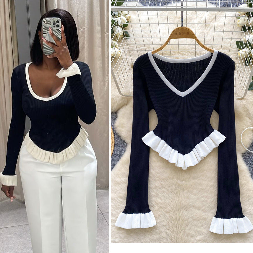 European and american style color block striped knit top - autumn ruffle hem flare sleeve slim fit outerwear base layer