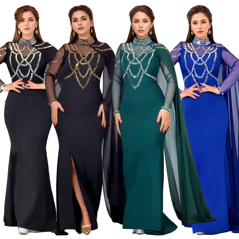 C7260 cross-border   fashion women's elegant rhinestone slim-fit sleeveless shawl dress