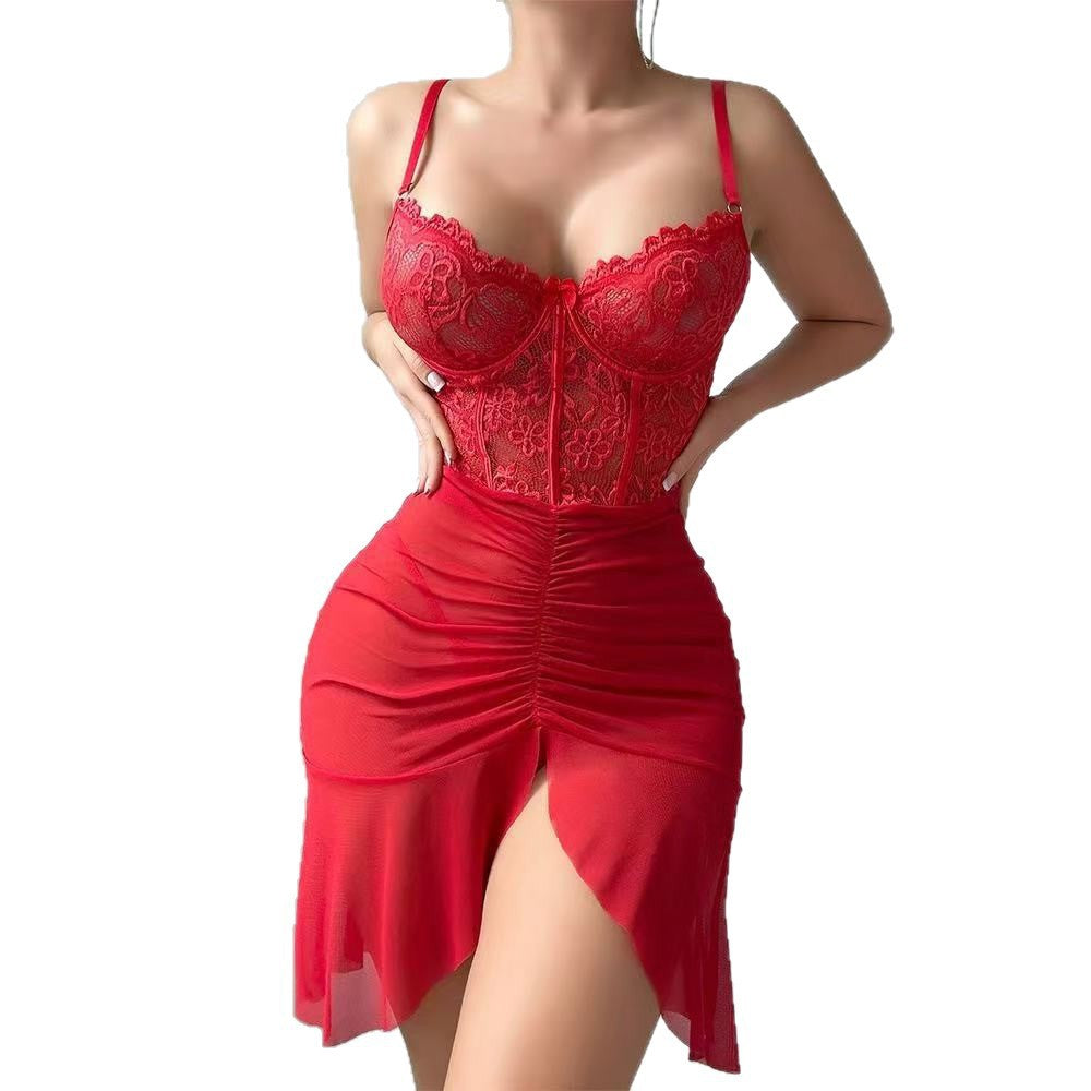 new black lingerie set: sexy sheer lace babydoll with slit maxi skirt and bodycon panties