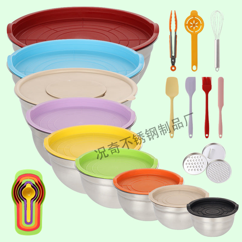 stainless steel salad bowl suit egg beater mixing bowl salad bowl mother cover with planer salad bowl