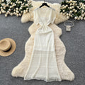 Korean style women's high-end hollow-out crochet knit dress with cinched waist and flutter sleeves, two-piece set with inner slip dress