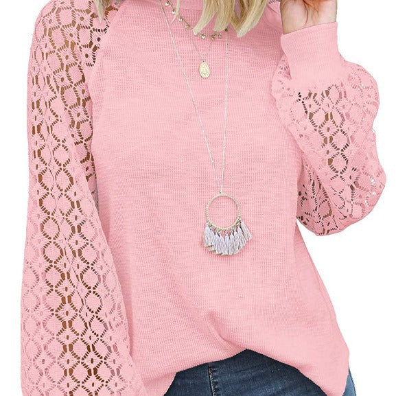 new cross-border  autumn/winter round neck long sleeve lace patchwork loose top for women