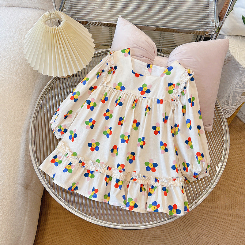 Girls' sunflower dress - new  summer collection - kids' square neck cotton dress - baby bubble sleeve princess dress - sweet style