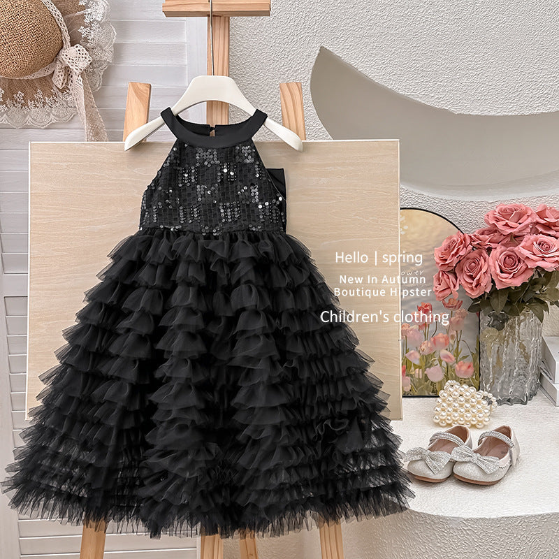 Girls' dress  summer high-end bowknot open-back tiered cake dress birthday gown