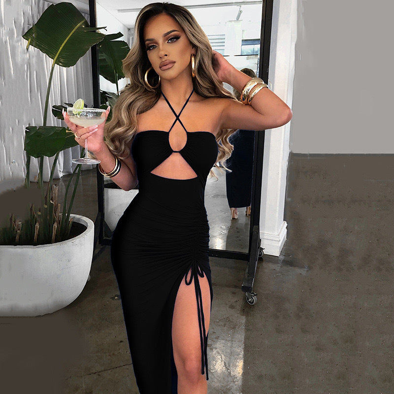 european and american women's clothing  spring new style halter neck maxi dress sexy backless slit drawstring bodycon dress