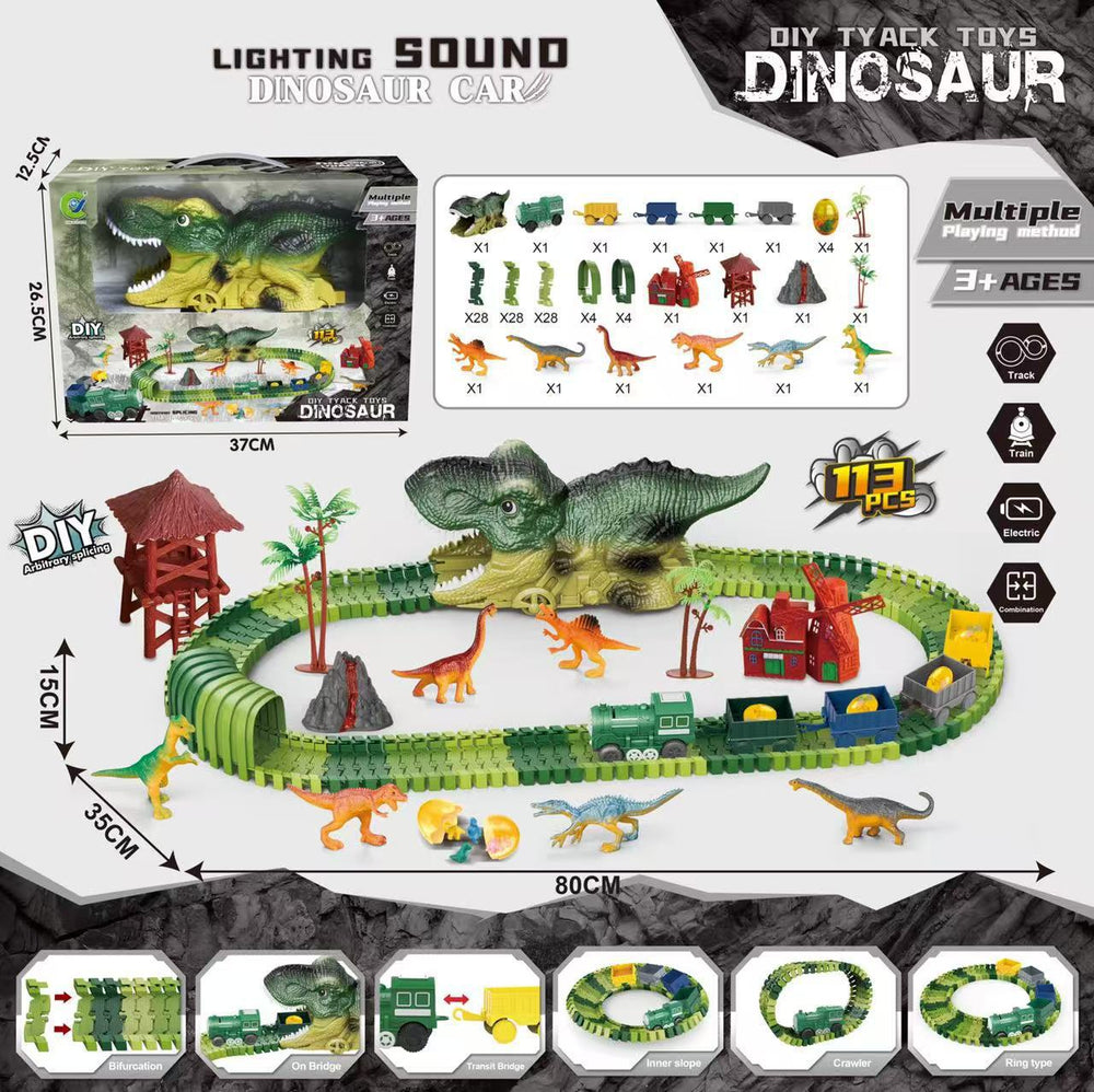 hot-selling electric dinosaur track car diy versatile assembly building educational roller coaster tunnel toy wholesale