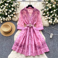 Frenchretrofashionable suit collar half length sleeves strap waist printingdress women's summer slimming look single-breasted short skirt