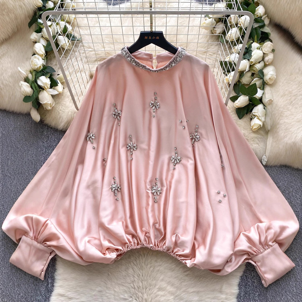 European and american fashion heavy-duty rhinestone embellished round neck lantern sleeve satin blouse - women's autumn fashion loose fit, slimming, and figure-flattering top