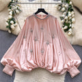 European and american fashion heavy-duty rhinestone embellished round neck lantern sleeve satin blouse - women's autumn fashion loose fit, slimming, and figure-flattering top